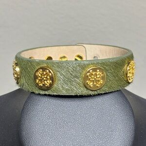 Rustic Cuff Meagan Green Cow Hide Leather Gold Tone Studded Single Wrap Bracelet